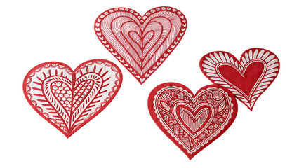 shset of red hand drawn hearts  design elements on white background PNG