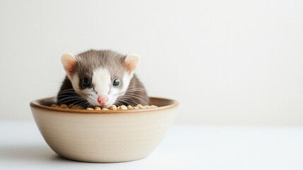 A cute ferret sits inside a bowl, surrounded by food pellets on a clean white surface