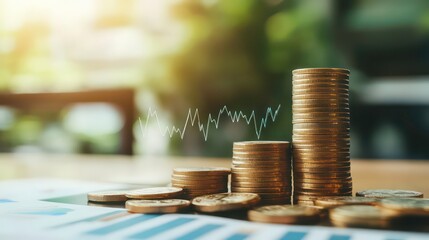 Stacked coins with financial chart in background; financial success; office setting; use in investment articles