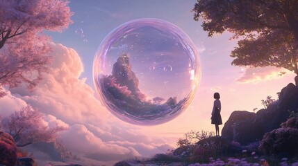 A person stands before a giant bubble enclosing a landscape at sunset with pink clouds