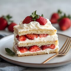 Strawberry Shortcake Slice, Cream, Dessert, Plate, Kitchen, Background, Food Photography, Recipe