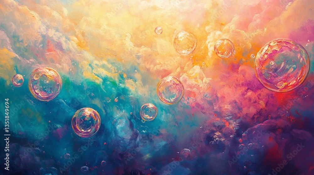 Poster abstract oil painting style with floating bubbles on a multi-colored cloudy background art