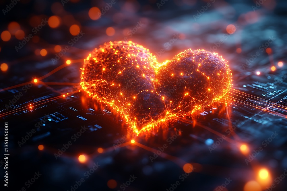 Poster neon heartbeat signals flowing smoothly across a high-tech digital network.