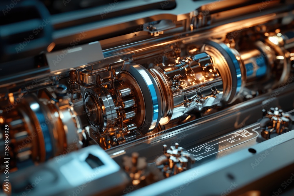 Poster close-up view of intricate metallic gears and mechanisms, showcasing precision engineering.