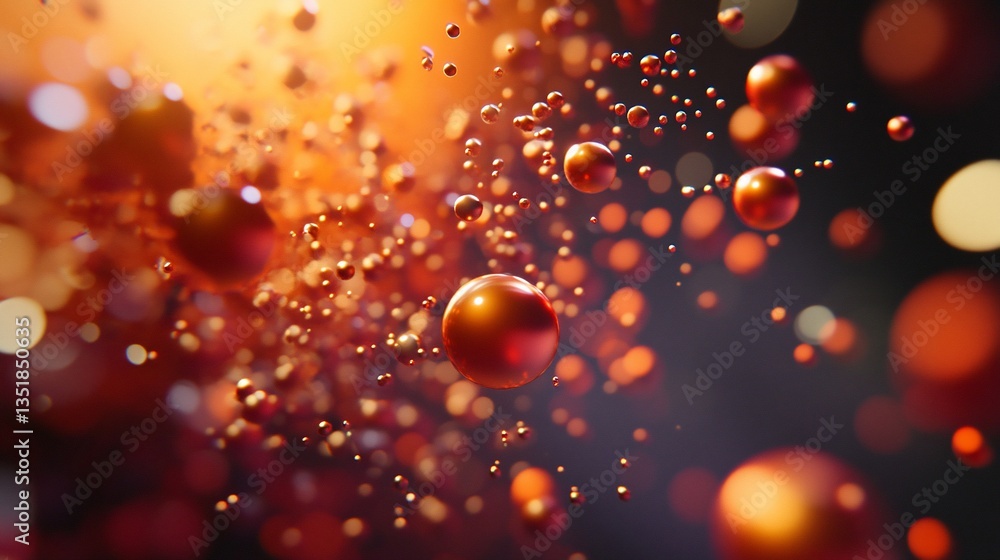 Poster abstract golden spheres floating in bokeh lights background on dark surface