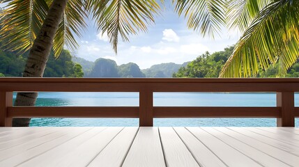 Serene view from wooden deck overlooking tranquil blue water, lush green hills, and swaying palm trees under a bright sky