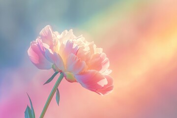 Obraz premium A delicate pink peony blossom bathed in soft, pastel sunlight, a serene and beautiful image.