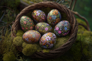 Decorative Easter Eggs, Artistic, Representing Springtime Traditions, in a Mossy Nest