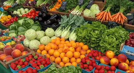 Colorful display of fresh produce at a local market 