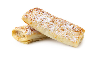 Tasty apple strudels with powdered sugar isolated on white