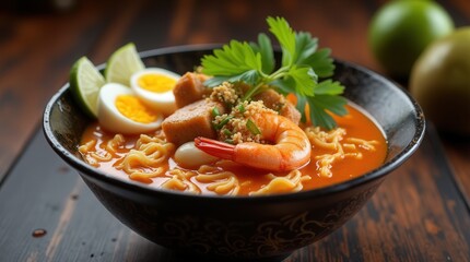 Enjoy a vibrant bowl of laksa with shrimp, egg, and fresh herbs in Singapore
