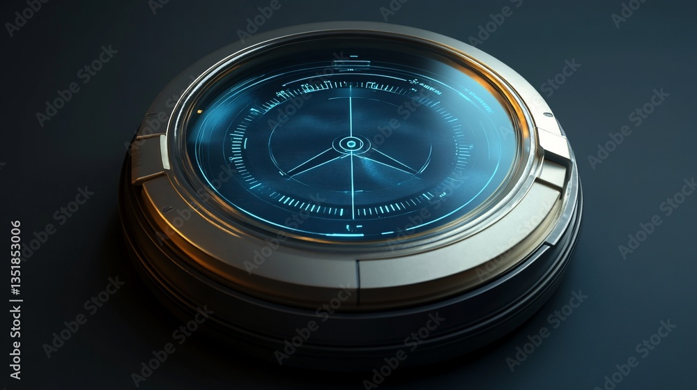 Poster futuristic circular interface with glowing blue elements on a dark background