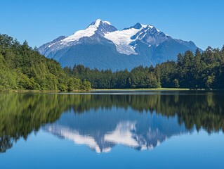 Mountain lake reflection, glacier peak, forest, summer, serenity, nature, postcard, tourism