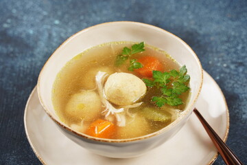 Jewish chicken broth with kneidlach (balls made with matzo meal)Matzo ball soup