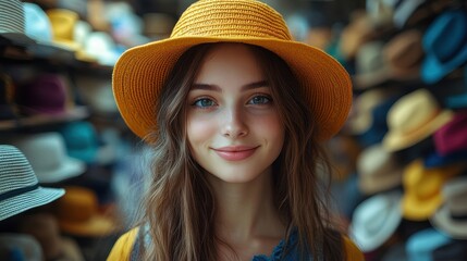Smiling woman wearing a yellow hat with hats in the background