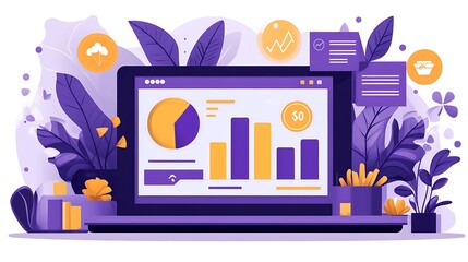 Laptop displaying business data surrounded by floral elements in illustration style