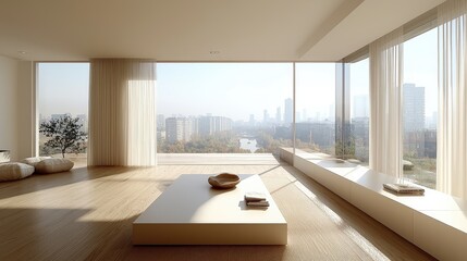 Fototapeta premium Minimalist living room with expansive city views, light wood floors, and sheer curtains