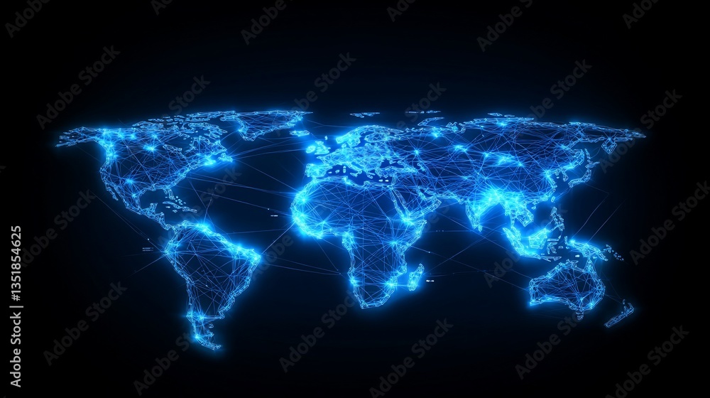 Poster glowing network connections across the world map on a dark background with blue lines