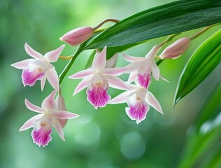 Close-up of small pink and white Cephalanthera orchid flowers with long hanging buds on a green background, Dendrobium species. Stock photo, 2/3 space for text. 