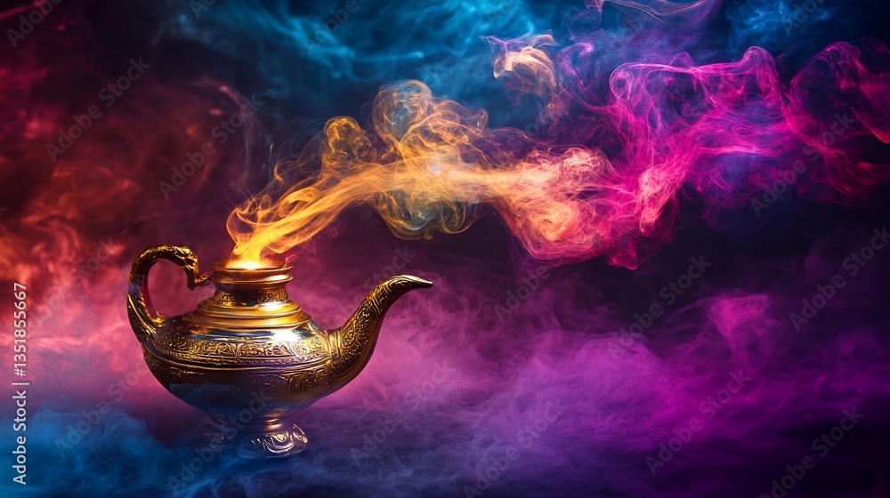Poster magic lamp with colorful smoke erupting from it on a dark colorful background