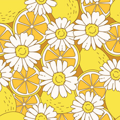 Seamless pattern cartoon of lemon, lemon slice and white daisy with yellow background. It is a cute, sour and refreshing. Pattern design for wrapping paper, wallpaper and fashion prints.