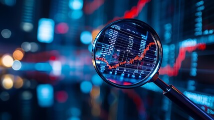 Magnifying glass analyzing financial data, stock market graph.