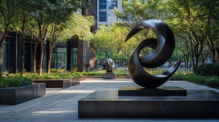 Modern urban park with abstract sculptures and lush greenery offering a peaceful retreat