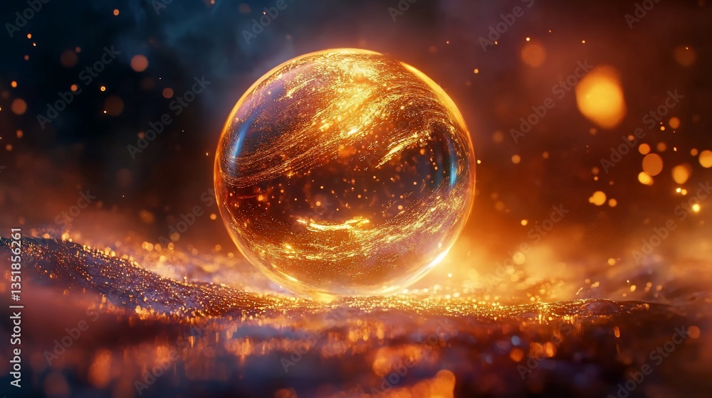 Poster luminous sphere floating above a sparking surface with bokeh effect and warm hues