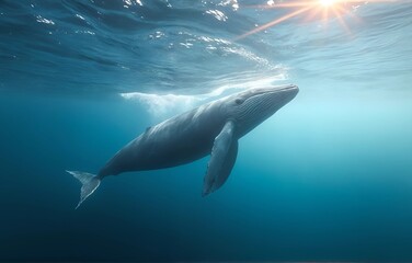 Fototapeta premium Whale Gliding Through Ocean with Sunlight Filtering Down – Majestic Marine Life