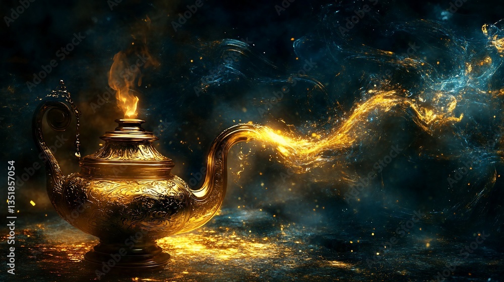 Poster a magical golden lamp with a fiery genie's release and glowing particle trails