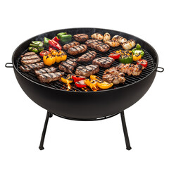 A black metal circular barbecue grill with several pieces of meat, chicken, and vegetables on it on transparent background