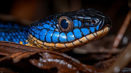 Obraz premium Close-up of a vibrant blue and black snake's head emerging from forest debris.