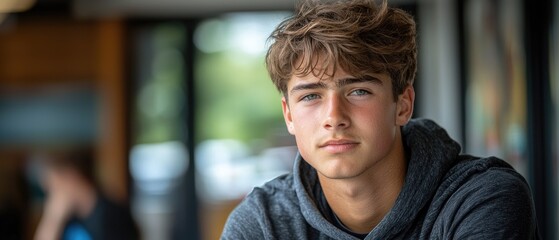 Close-up portrait of a teenage boy with light brown hair, wearing a gray hoodie, indoors.  He has a calm and serious expression