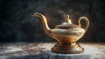 Golden Ornamental Teapot on Marble Surface with Dark Background for fantasy concepts