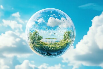 Naklejka premium create an advertising banner white letters on top of it, featuring a large glass sphere containing a beautiful landscape, with green vegetation and water droplets floating inside the ballon,