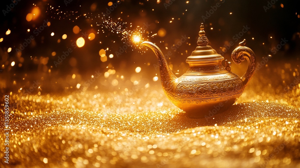Poster golden lamp with bokeh effects and golden glitter particles around it