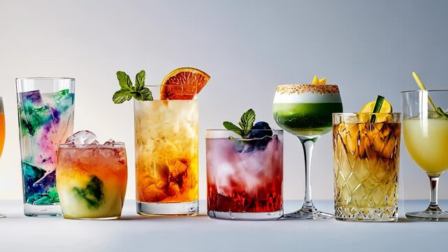 A variety of colorful drinks. A woman drinks a watercolor cocktail during her daily routine. Hand drawn design with colorful objects sublimation. An assortment of vibrant beverages lifestyle.