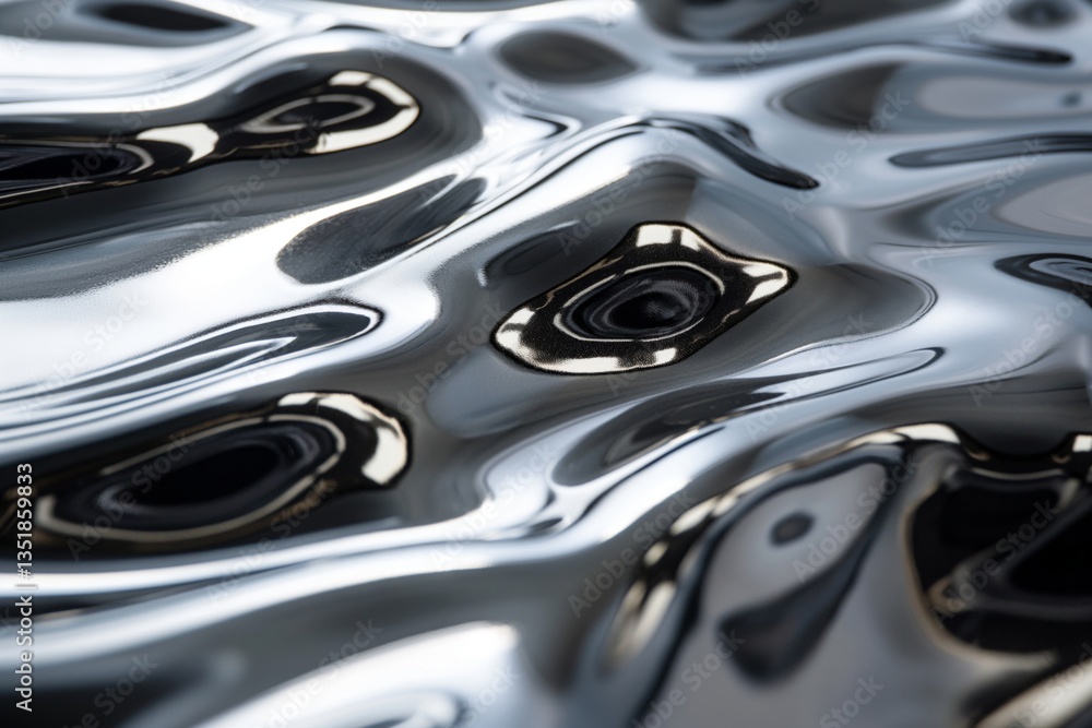 Poster abstract close-up of shiny liquid metal with rippling surface, reflecting light and creating a mesme