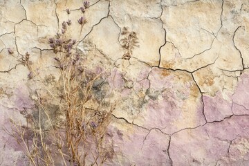 Fototapeta premium Dried wildflowers clinging to a cracked, pastel-hued wall, evoking a sense of age and resilience.