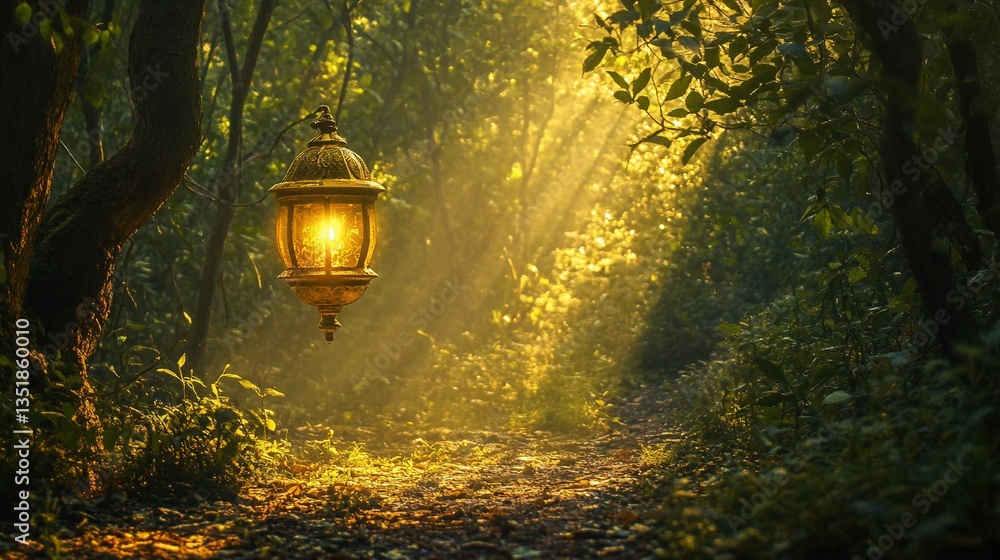 Poster glowing lantern illuminates a path in the mystical forest with soft light and shadows