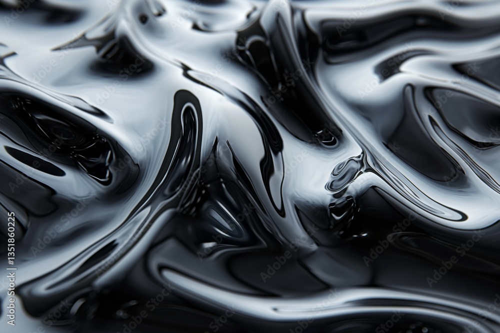 Poster a close-up view of glossy black fluid, showcasing intricate textures and flowing patterns that evoke