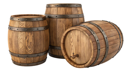 Fototapeta premium set of wooden oak barrels isolated on white background PNG