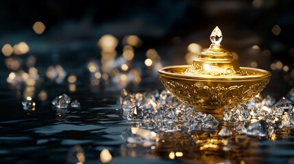 Golden Ornamental Bowl with Crystal Accents on Reflective Surface against Blurred Lights