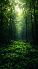 Obraz premium Sunlight shining through lush green forest trees high resolution picture