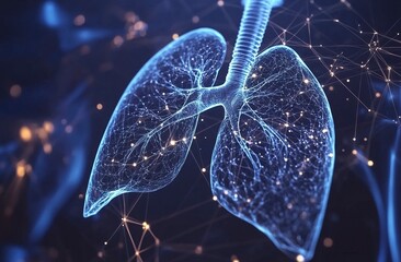 Developed in a laboratory, CTS human lungs on a dark blue background, with glowing lines and dots. A vector illustration representing a technology concept for digital medical healthcare business websi