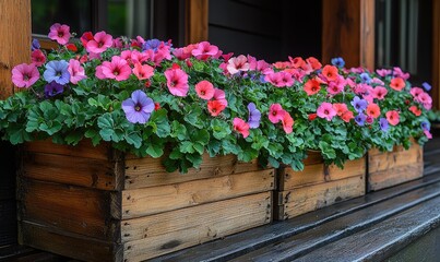 Vibrant pink, purple, and orange flowers bloom in rustic wooden planters