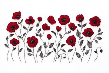 Intricate embroidery of red poppies and black leaves on white fabric, creating a floral border.