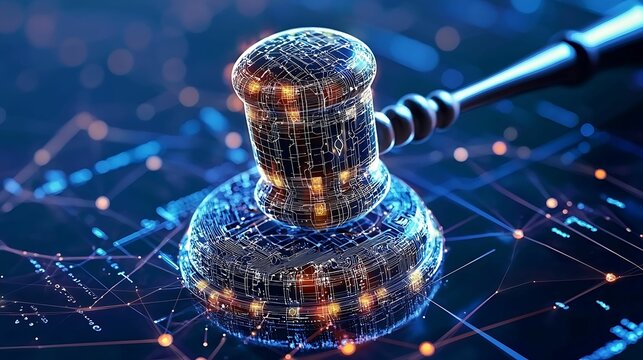 A digital gavel symbolizes the intersection of law and technology, set against a futuristic backdrop of data connections and circuitry.