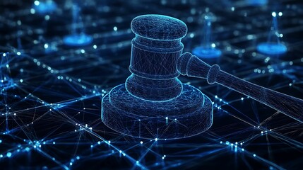 A digital representation of a gavel, symbolizing justice and law, surrounded by a network of interconnected nodes and lines.