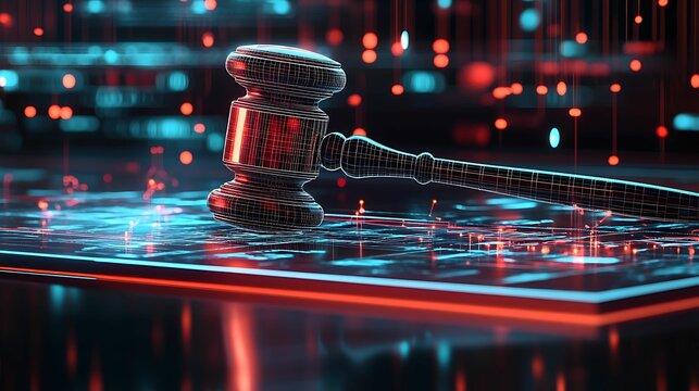 A digital gavel rests on an abstract grid, symbolizing the intersection of law and technology, blending traditional justice with modern digital concepts.